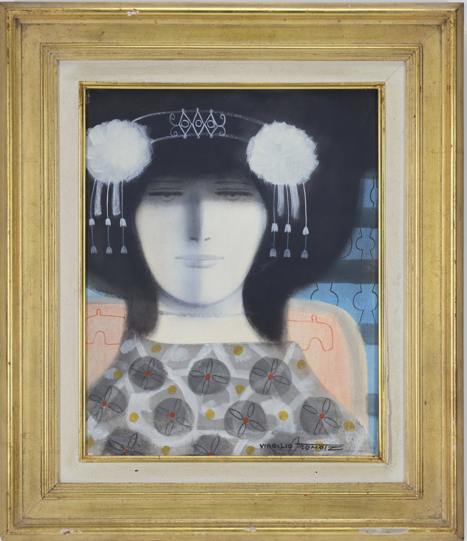 Virgilio Trompiz (1927 - 2012): Oil on canvas, SLR. Modernist composition of a bust of a woman. 16"h x 13"w and 23"h x 20"w framed