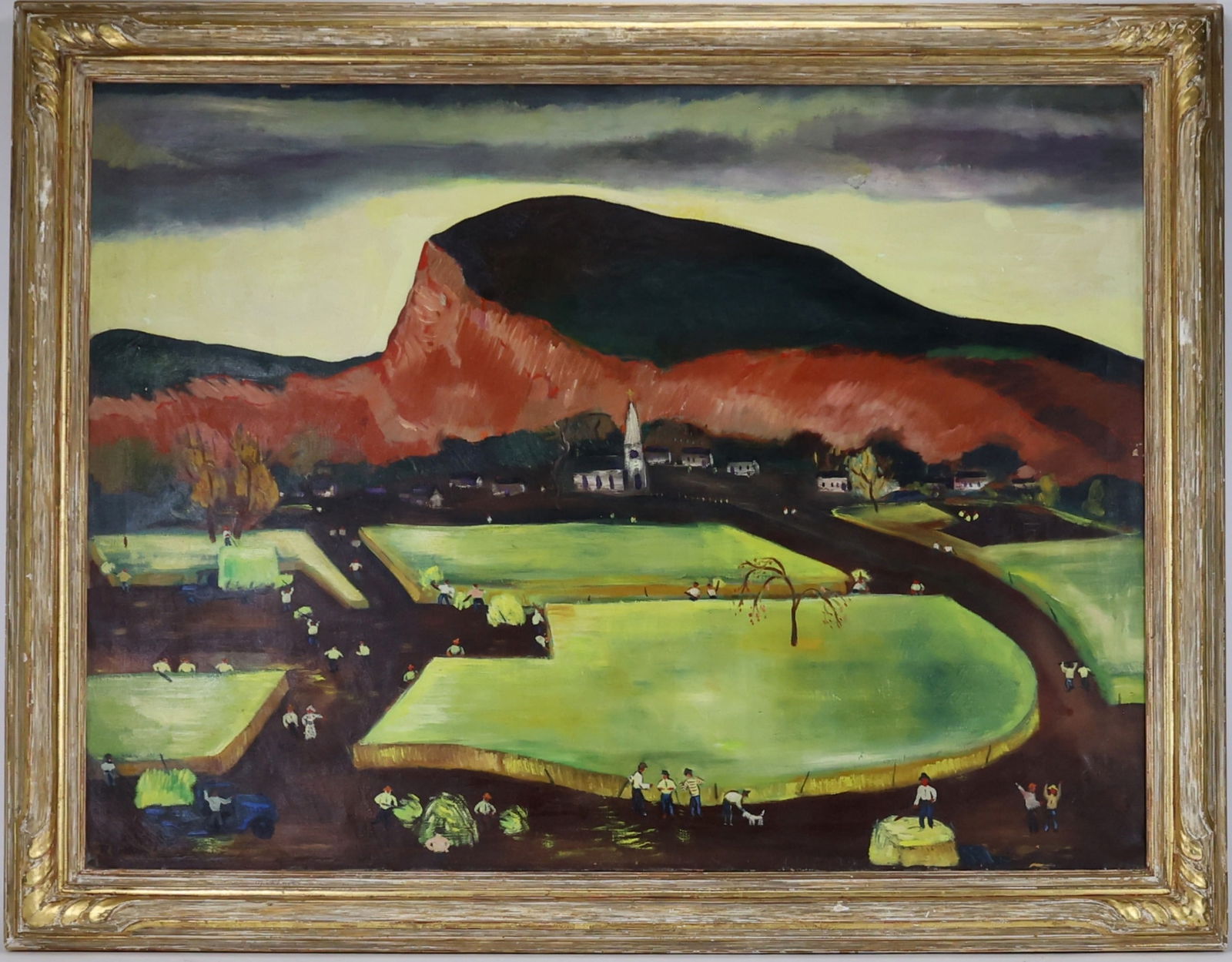 Revington Arthur (1908 - 1986) Newcomb Macklin Frame: Oil on canvas, "50 Men and a Woman", SLL. Folk style landscape with people working in fields, a church steeple and town in the distance under an ominous sky. Housed in a Newcomb Macklin frame. 30"h x