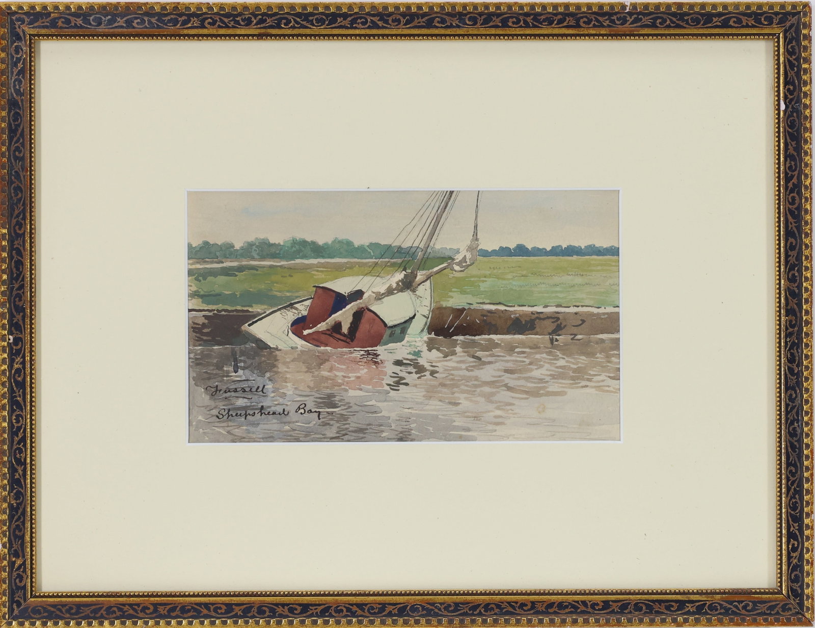 Charles Lewis Fussell (1840 - 1909): Watercolor, "Sheepshead Bay", SLL. Scene of a small sailboat along the shoreline with grassy marshes. 4"h x 7"w sight and 10"h x 13"w framed