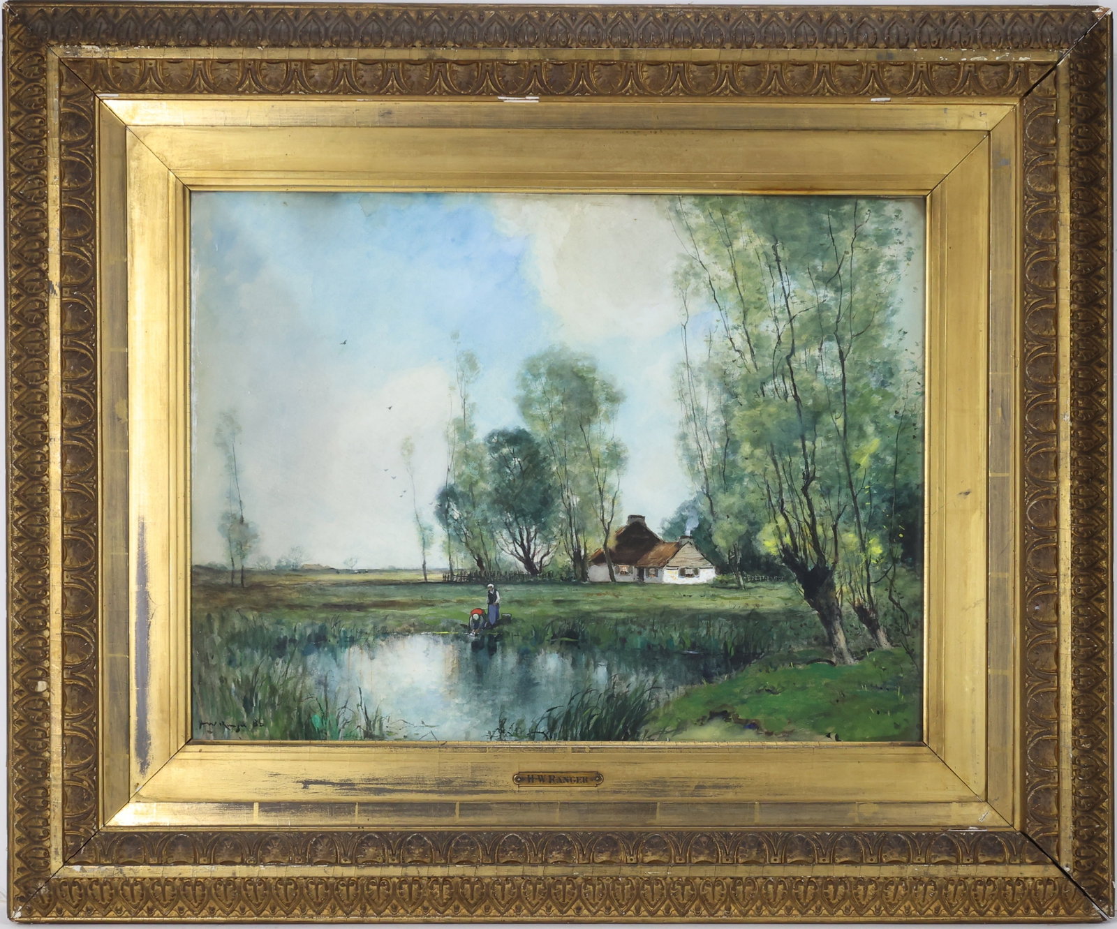 Henry Ward Ranger (1858 - 1915): Watercolor, SLL. Pastural landscape with two villagers at the water’s edge with a thatched roof cottage and trees. 17.5"h x 23.5"w 29"h x 35"w framed