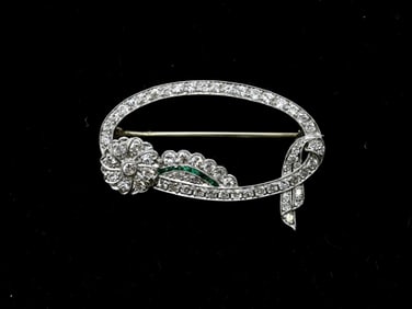 Art Deco Platinum, Diamond, and Emerald Brooch
