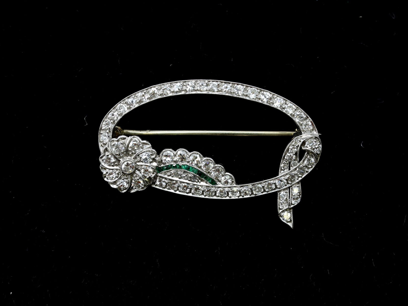 Art Deco Platinum, Diamond, and Emerald Brooch