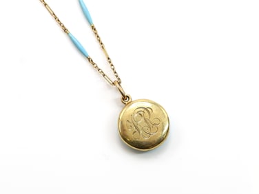 14K YG Enamel Locket Necklace