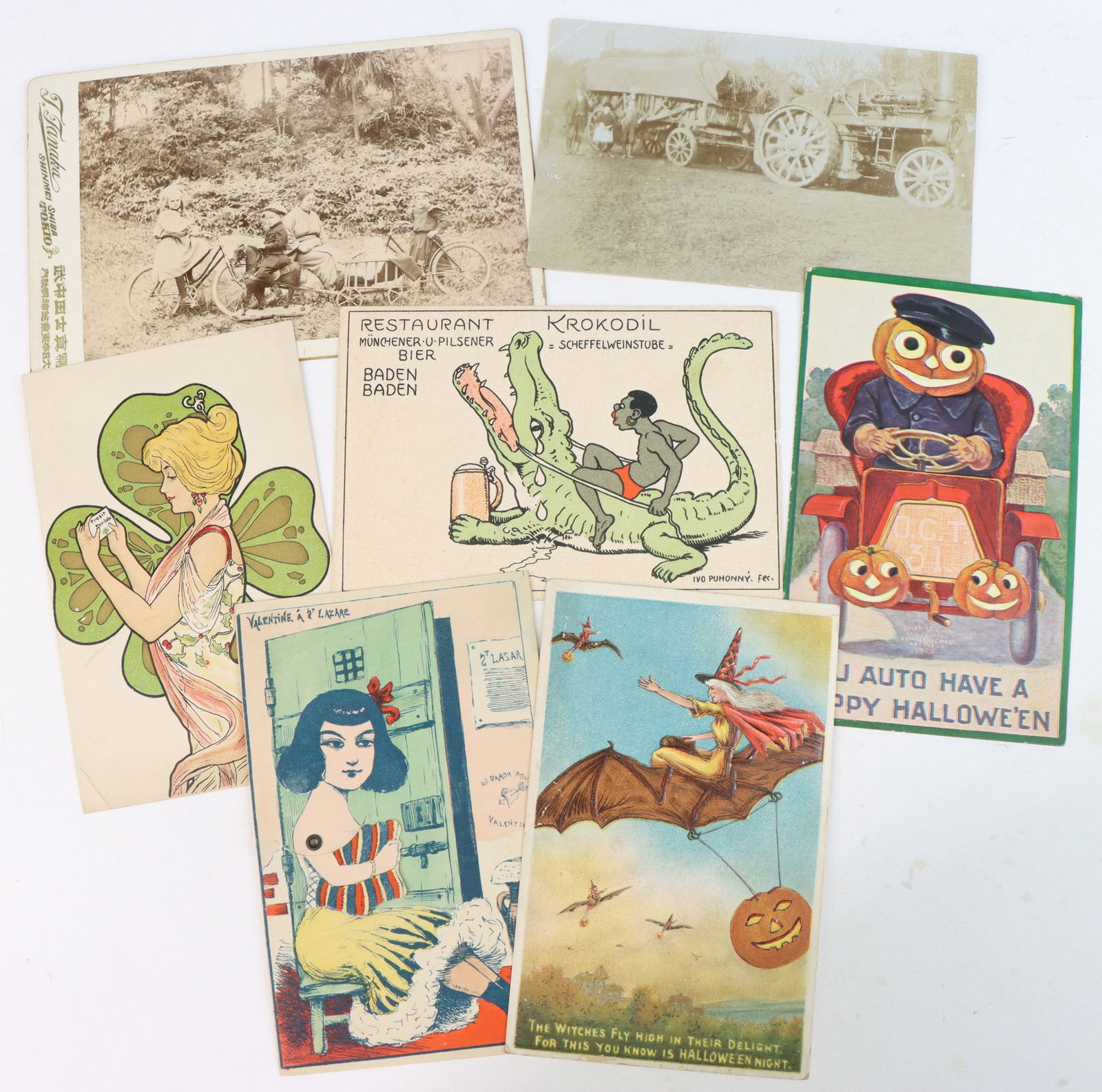 Cabinet Card and Postcards: Small collection consisting of; 1.) Cabinet card photograph (circa 1880's/90's) by T. Tanaka of Tokyo, Japan showing an outdoor scene of Japanese woman in traditional dress seated and surrounded by 4