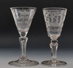 Georgian Engraved Facet Stem Wine Glasses