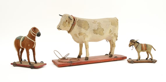 German Papier Mache Pull Toy Platform Animals