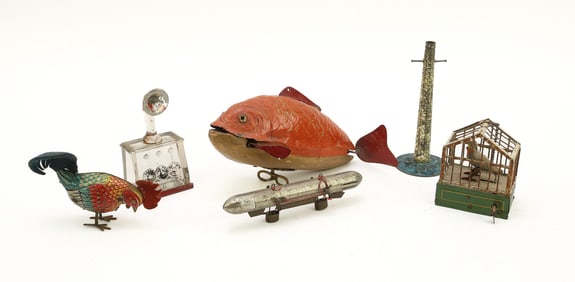Tin Toy Grouping and Glass Radio Candy Container