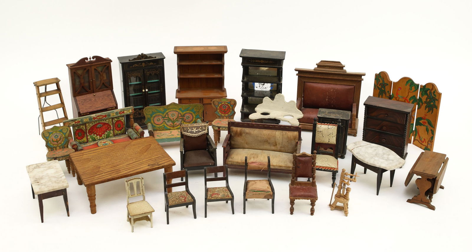 Miniature Doll Furniture: Lot contains a secretary bookcase, step-back cupboard, etagere, bookcase, chest of drawers, settees, painted seated furniture and dressing screen, tables and chairs. Stepback Cupboard 7"h. Condition v