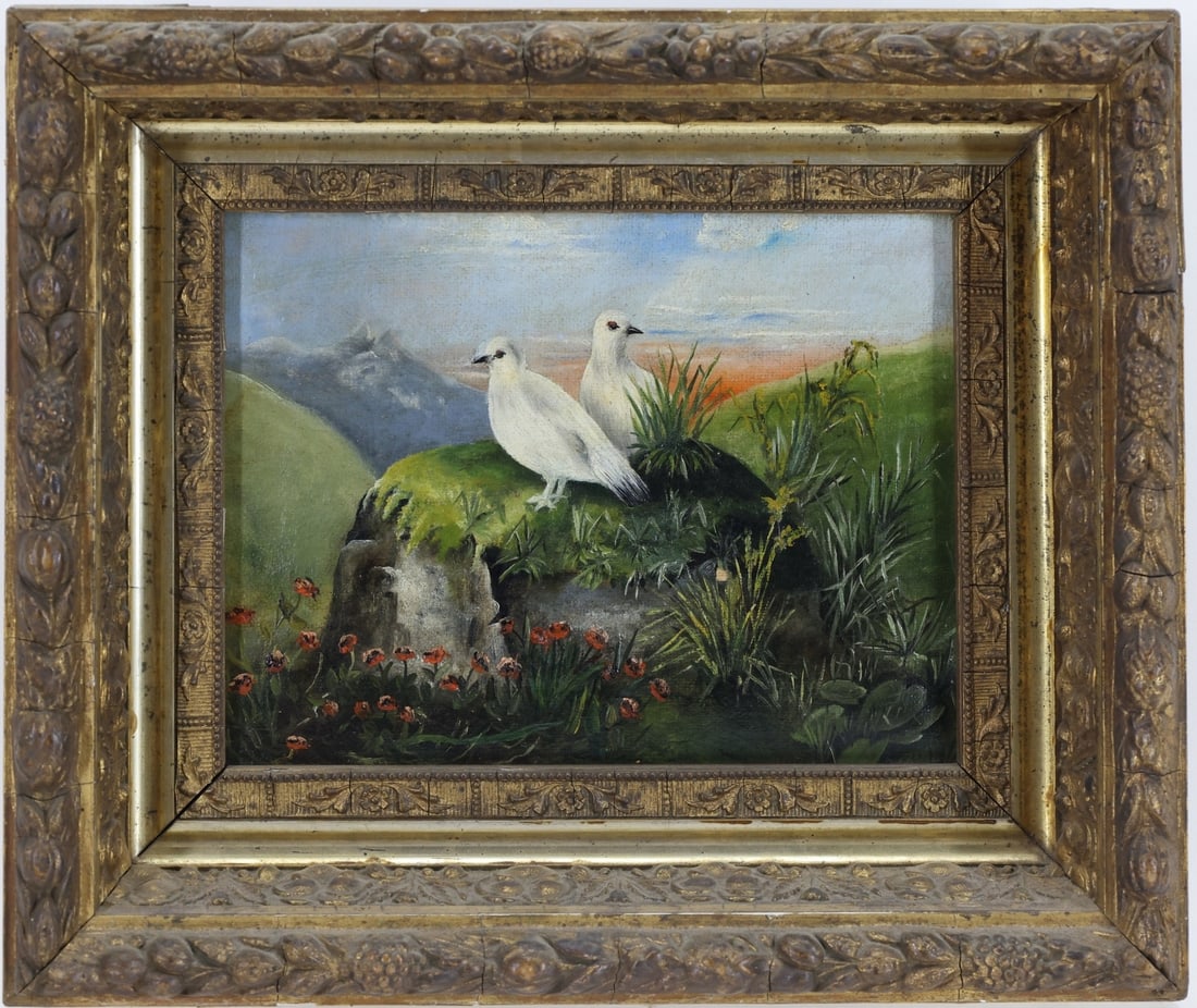 Oil on Canvas: Oil on canvas, unsigned. Sunrise landscape with a pair of white birds perched on a rock surrounded by red poppies and tall grass. Puffy white clouds and mountain peak in the distance. 6"h x 8"w and 9.
