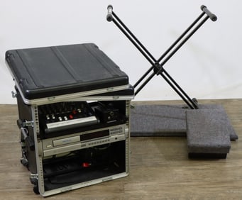 Mackie DFX-6 Mixer, RMC Poly-Drive II, Denon DN-600F Rackmount CD Player, Gator 10-Space Road Case