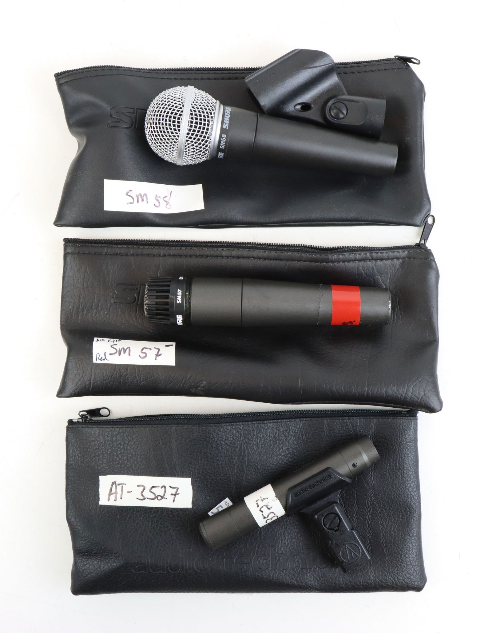 Microphones: 3 stage microphones. Shure SM58, Shure SM57, vocal mics and Audio Technica 3527 overhead recording mic.