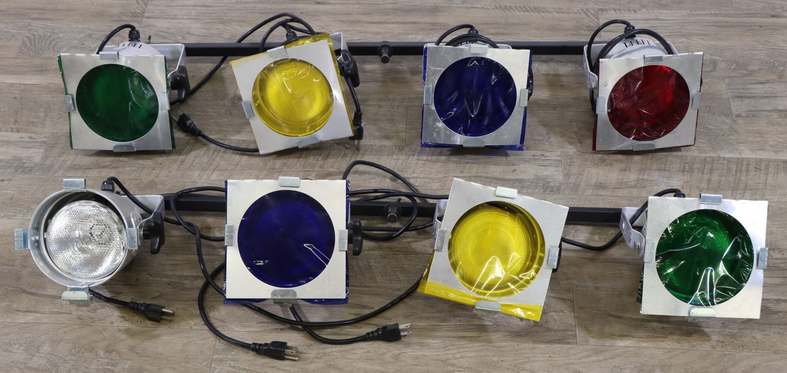 Stage Lights: Two stage light bars with 4 PAR38 spotlights each. Multiple colored spot gels