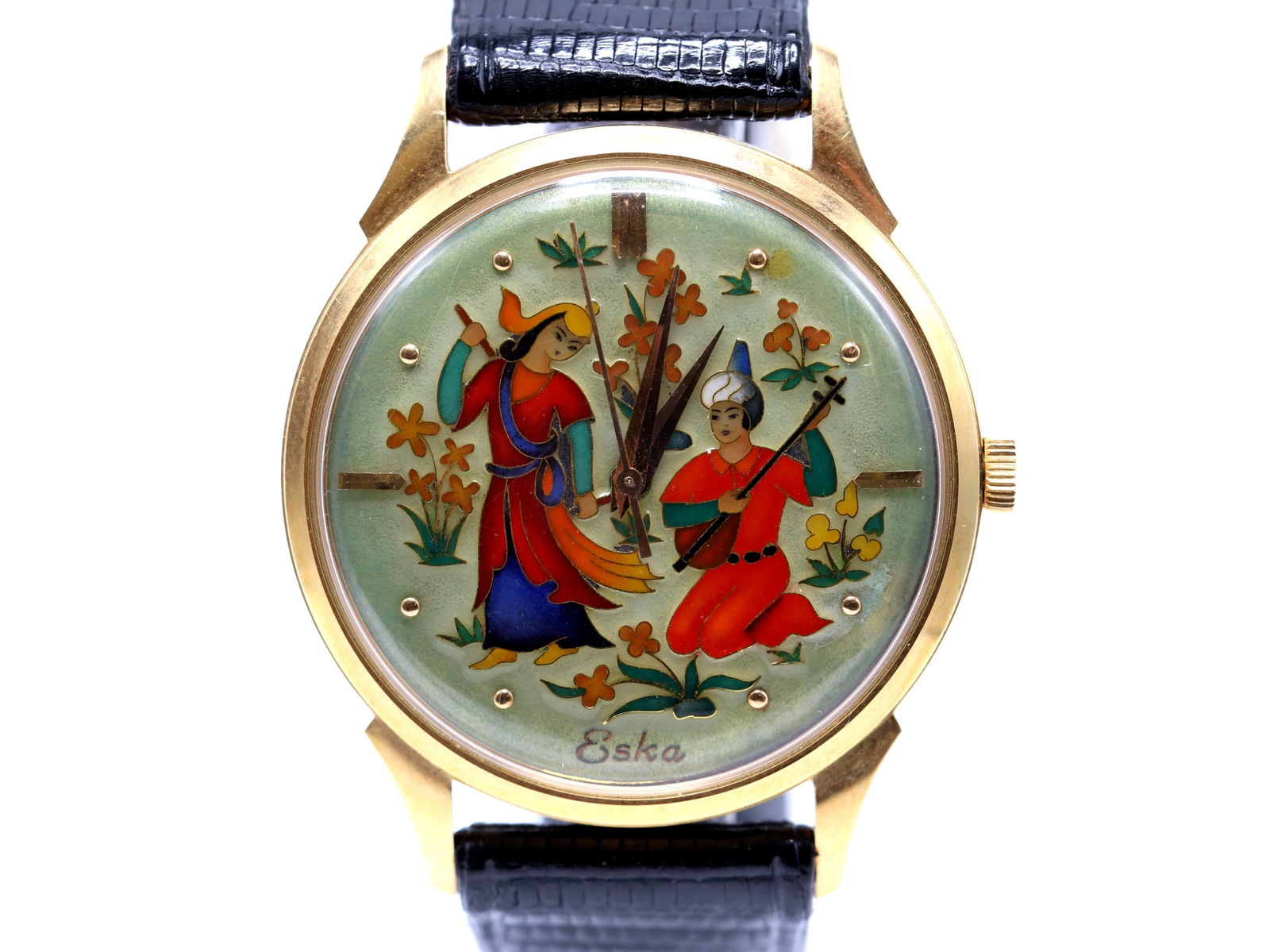 Eska, 18k Gold Automatic Wristwatch with Cloisonné Enamel Dial: 18k yellow gold circular case, 35mm, with water resistant screw down back, gilt chapter ring with applied diamond shaped and dot markers, and center seconds. Features a hand crafted cloisonné enamel