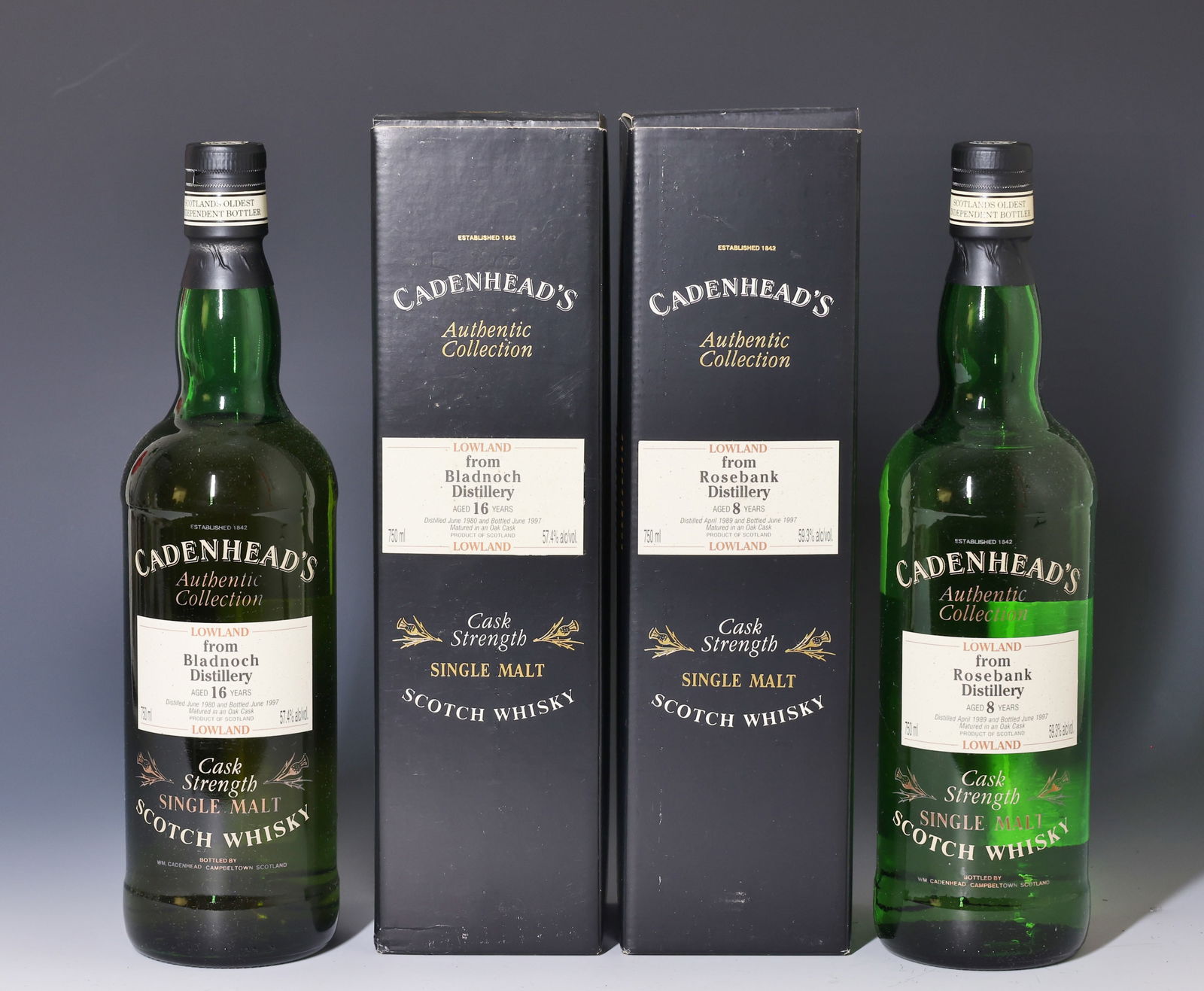 Cadenhead’s Lowland Scotch Pair- Bladnoch 16 Yr & Rosebank 8 Yr, Cask Strength: Two bottles from Cadenhead’s Authentic Collection, both Lowland single malts bottled at cask strength. Includes one Bladnoch Distillery 16-year (distilled June 1980, bottled June 1997, 57.4% alc/vol