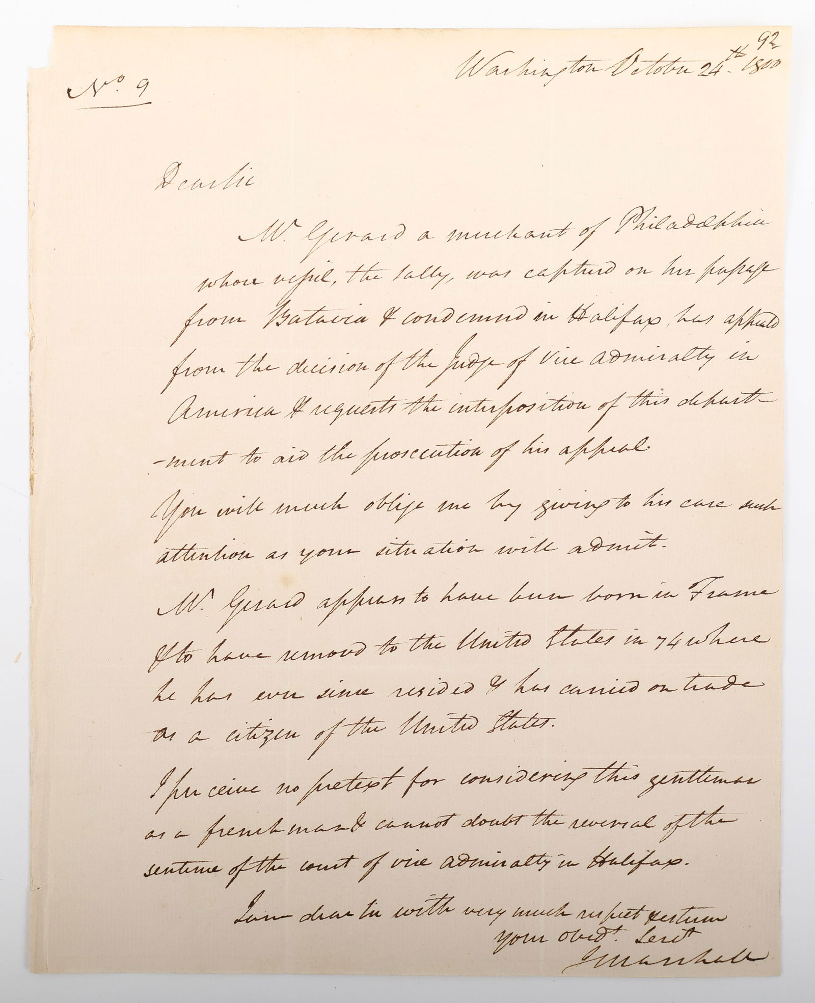 Autograph of U.S. Secretary of State John Marshall-Letter Regarding British Seized Ship Belonging to: Autograph of John Marshall (1755-1835) American statesman and jurist who served as U.S. Congressman from Virginia (1799-1800), U.S. Secretary of State (1800-1801) chief justice of the United States (1