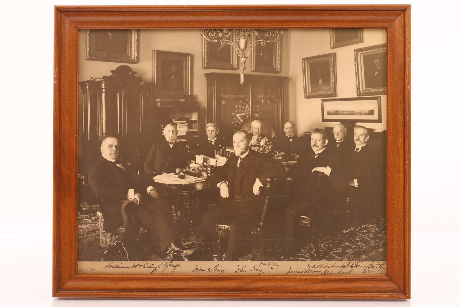 Autographed Photograph of U.S. President William McKinley and Eight Members of His Cabinet in 1901: Autographed photograph of President William McKinley and 8 members of his cabinet sitting around a long table in office in 1901. Autographs include; William McKinley (1843-1901) American Civil War off