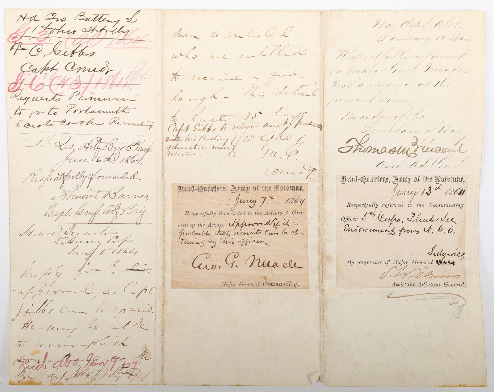 Autographs Of Three Civil War Generals (Meade, Sykes, & Vincent) Endorsing Recruiting For the 1st: Autographs of George Gordon Meade (1815-1872) American army officer, Civil War Union major general in command of the Army of the Potomac (1863-1865) and Commanding Union General at the Battle of Getty
