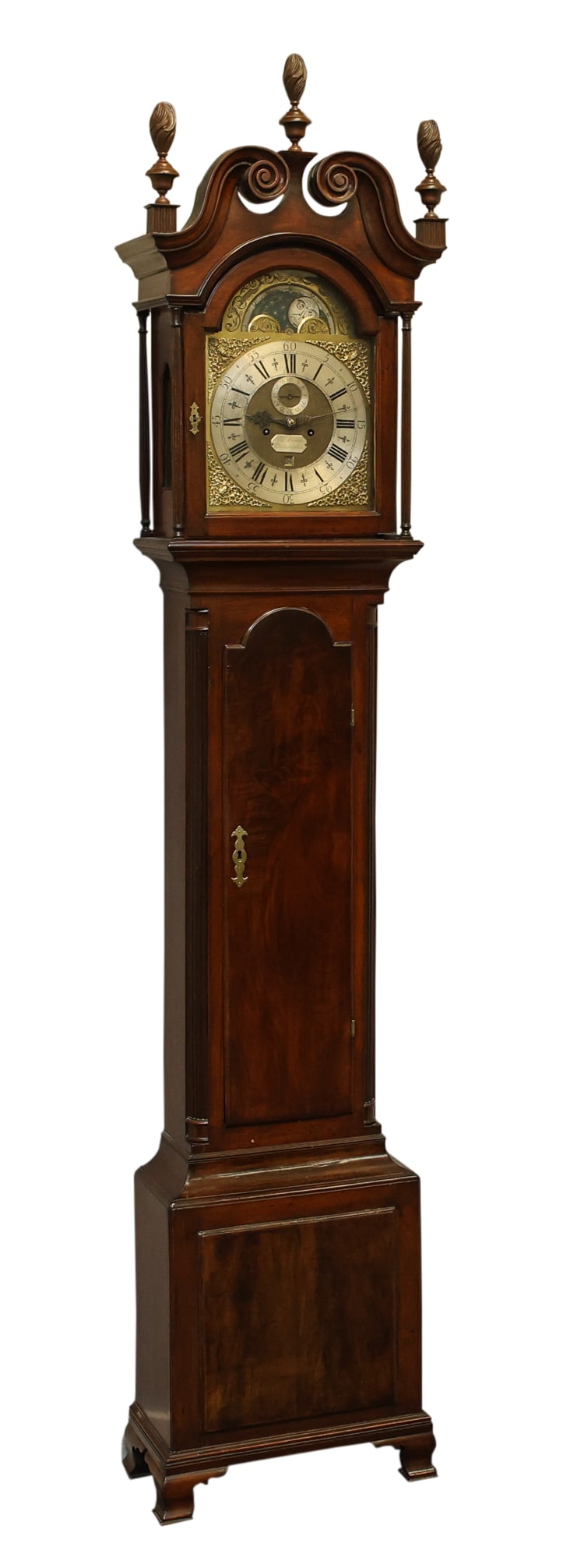 Thomas Stretch (1697-1765) Philadelphia Tall Case Clock: Walnut case having a broken arch pediment, flamed finials, arched hood door with columns, arched was it door flanked by reeded columns, raised plinth with ogee bracket feet. Eight-day brass movement w