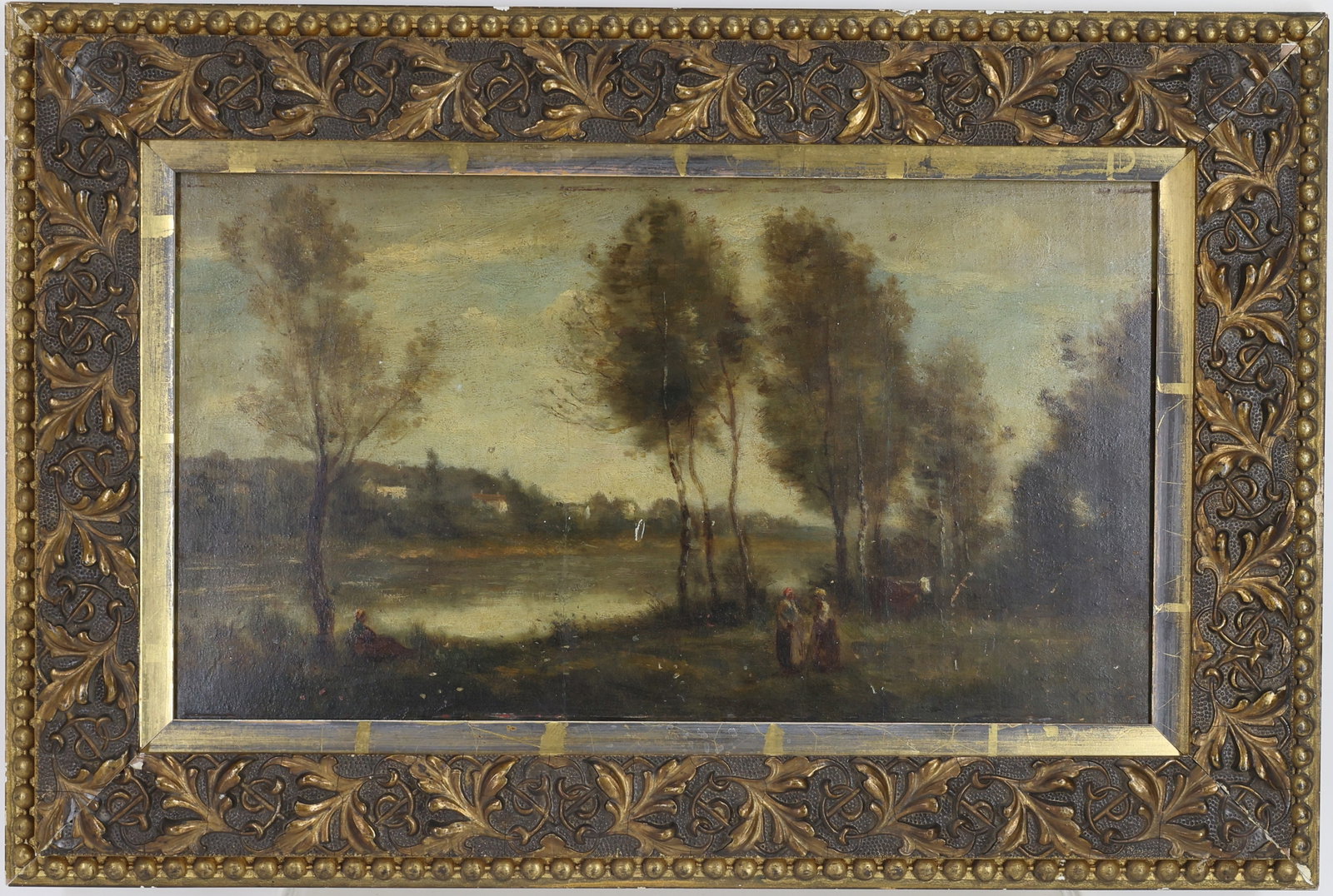 Jean-Baptiste-Camille Corot (1796 - 1875): Oil on board, SLR. Romantic landscape with tall trees along a shoreline, distant buildings, and small figures walking near the water’s edge. 8"h x 14"w framed