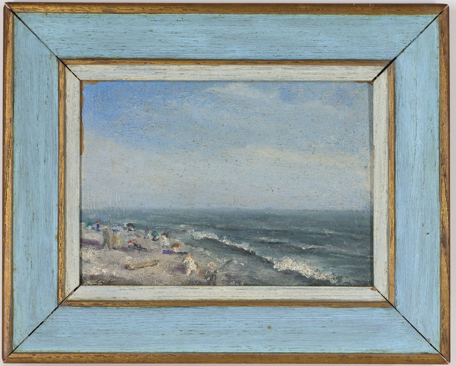 Eugene Louis Boudin (1824 - 1898): Oil on board, signed en verso. Impressionist coastal study depicting figures along a shoreline with breaking waves. 5.5"h x 8"w and 9"h x 11.25"w framed