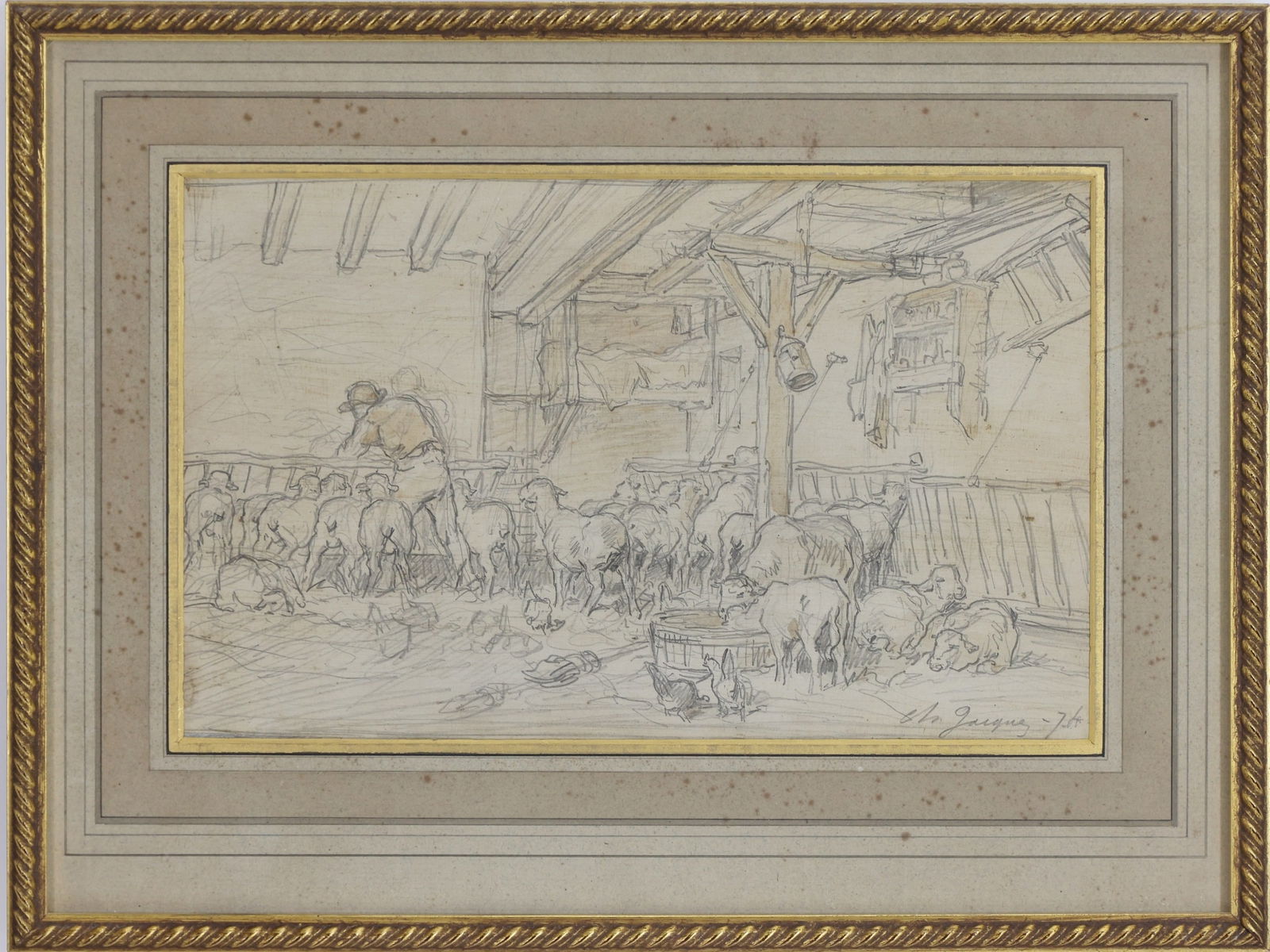 Charles Emile Jacque (1813 - 1894): Graphite on paper, "“Shepherd and his sheep in a stable”, SLR. Academic sketch of the titled Shepard tending a large flock inside a barn. 6.5"h x 10.5"w and 11.5"h x 15"w framed