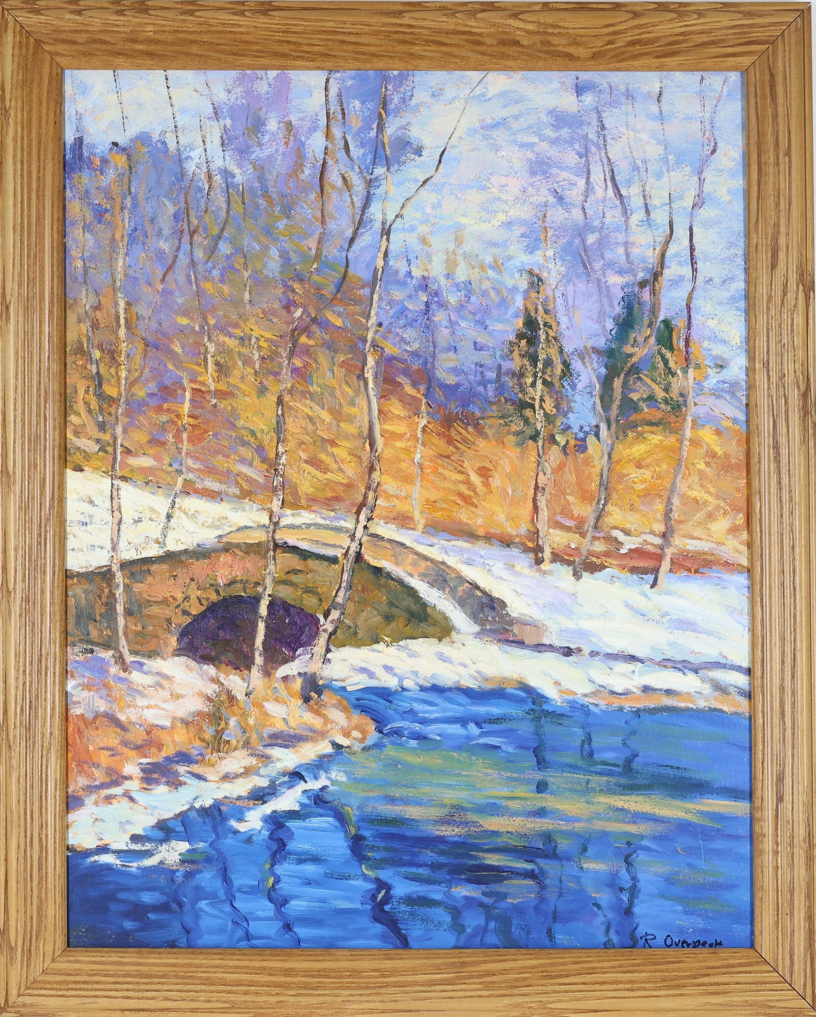 Ray Overpeck (Born 1933): Oil on board, SLR. Double sided impressionist landscape with a snow lined stream and arched stone bridge and a spring time scene of the arch bridge. 20"h x 16"w and 22.5"h x 18.5"w framed