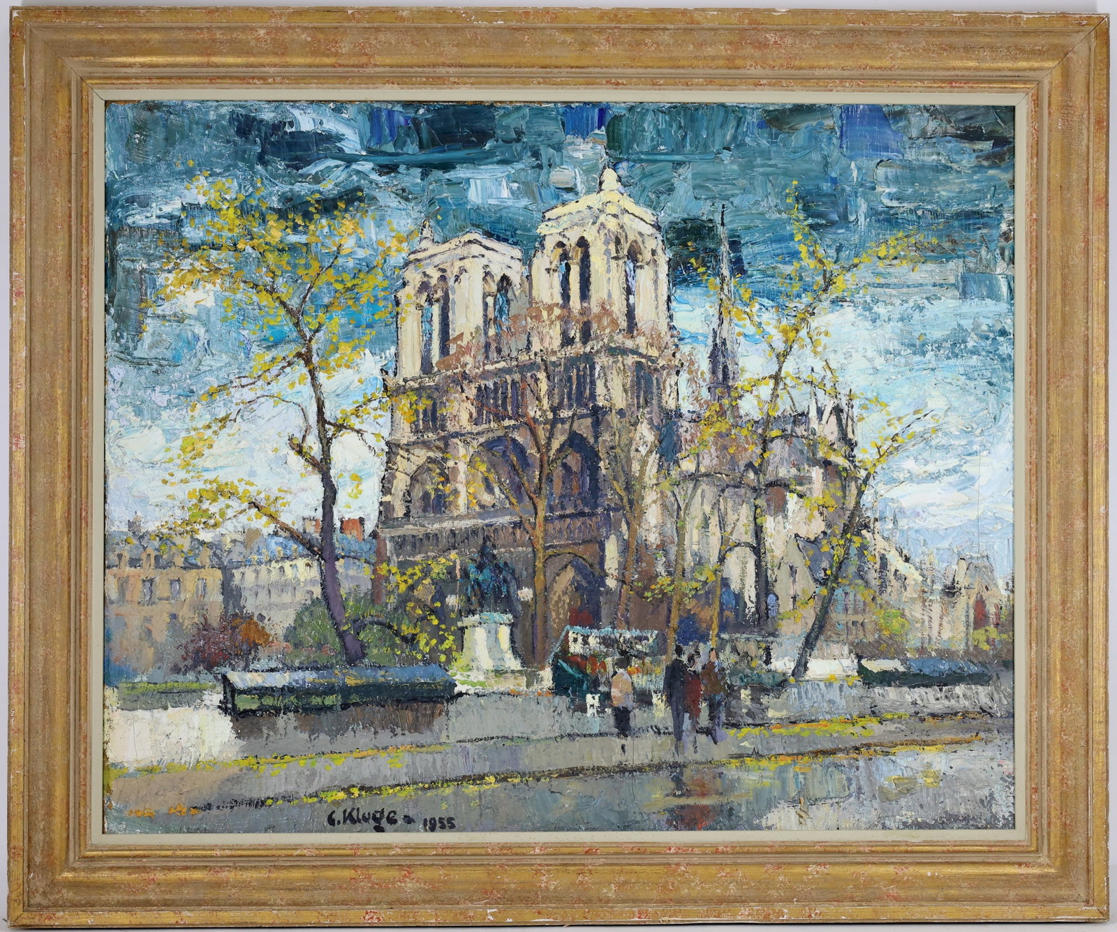 Constantin Kluge (1912 - 2003): Oil on canvas, SDLL. Impressionist cityscape depicting Notre Dame Cathedral in Paris. 26"h x 32"w and 31"h x 37.5"w framed