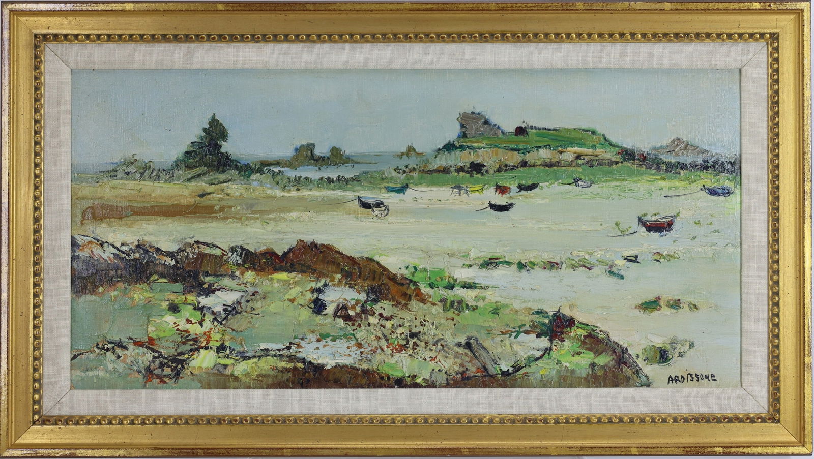 Yolande Ardissone (Born 1927): Oil on canvas "Plage De Bretagne" (Brittany Beach), SLR. Modern Impressionist shoreline scene with boats at rest on a wide tidal flat. 12"h x 24"w and 16"h x 28"w framed