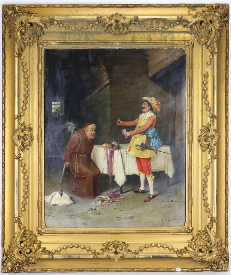 Giovanni Garinei (Born 1846): Oil on canvas, SLR. Academic genre painting of a humorous tavern scene with a monk recoiling as a flamboyantly dressed cavalier pours wine. 32.5"h x 28.5"w framed