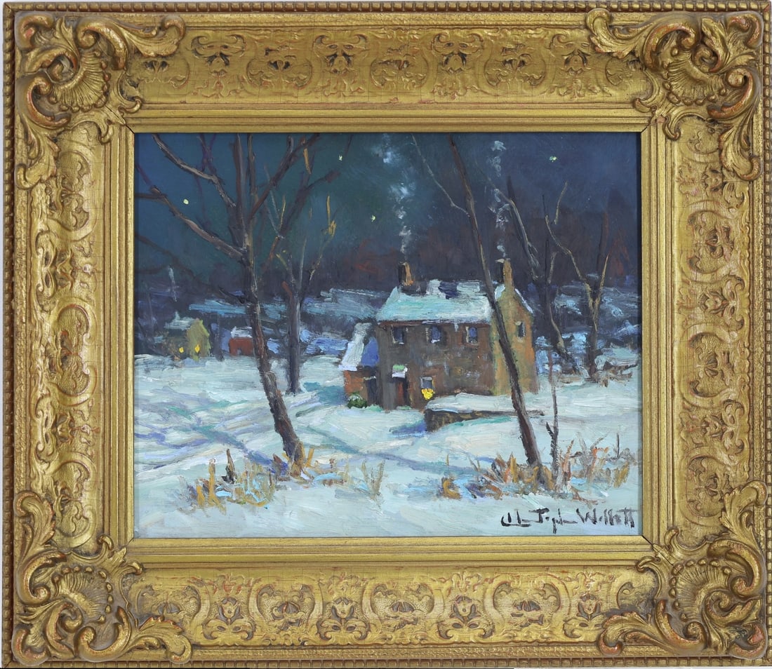Christopher G. Willett (Born 1959): Oil on board, "Road to Lake Galena, Plumbstead", SLR. Impressionist nocturne with a snow covered home and distant buildings. 8"h x10"w and 12.5"h x 14.5"w framed.