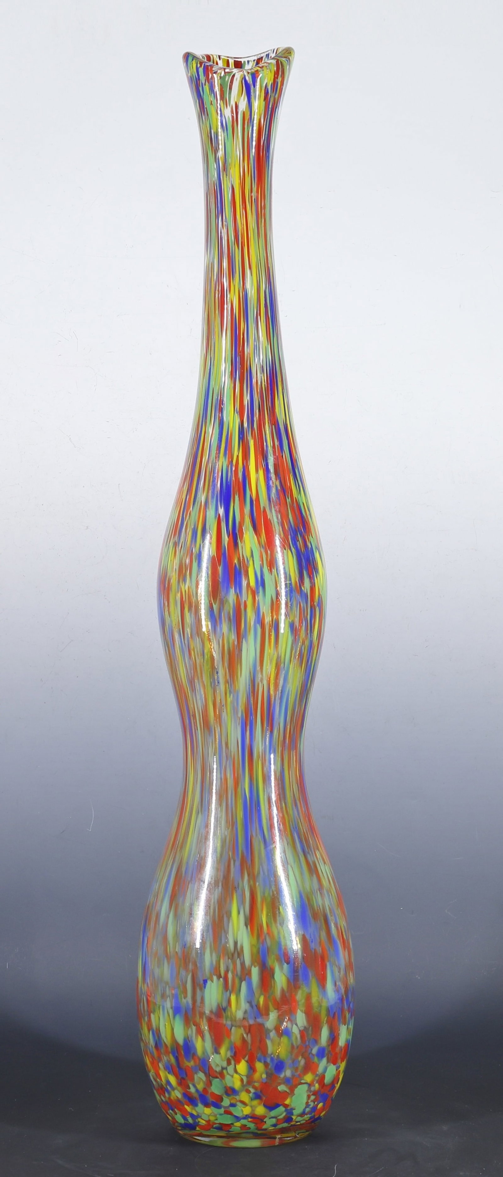 Murano Art Glass Vase: Hand blown art glass vase with multicolor millefiori or confetti style surface, done in an elongated gourd form. 34"