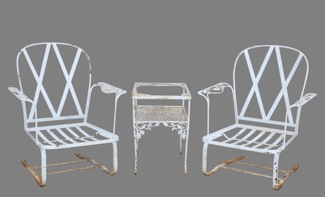 Woodard Wrought Iron Bouncer Chairs and Side Table
