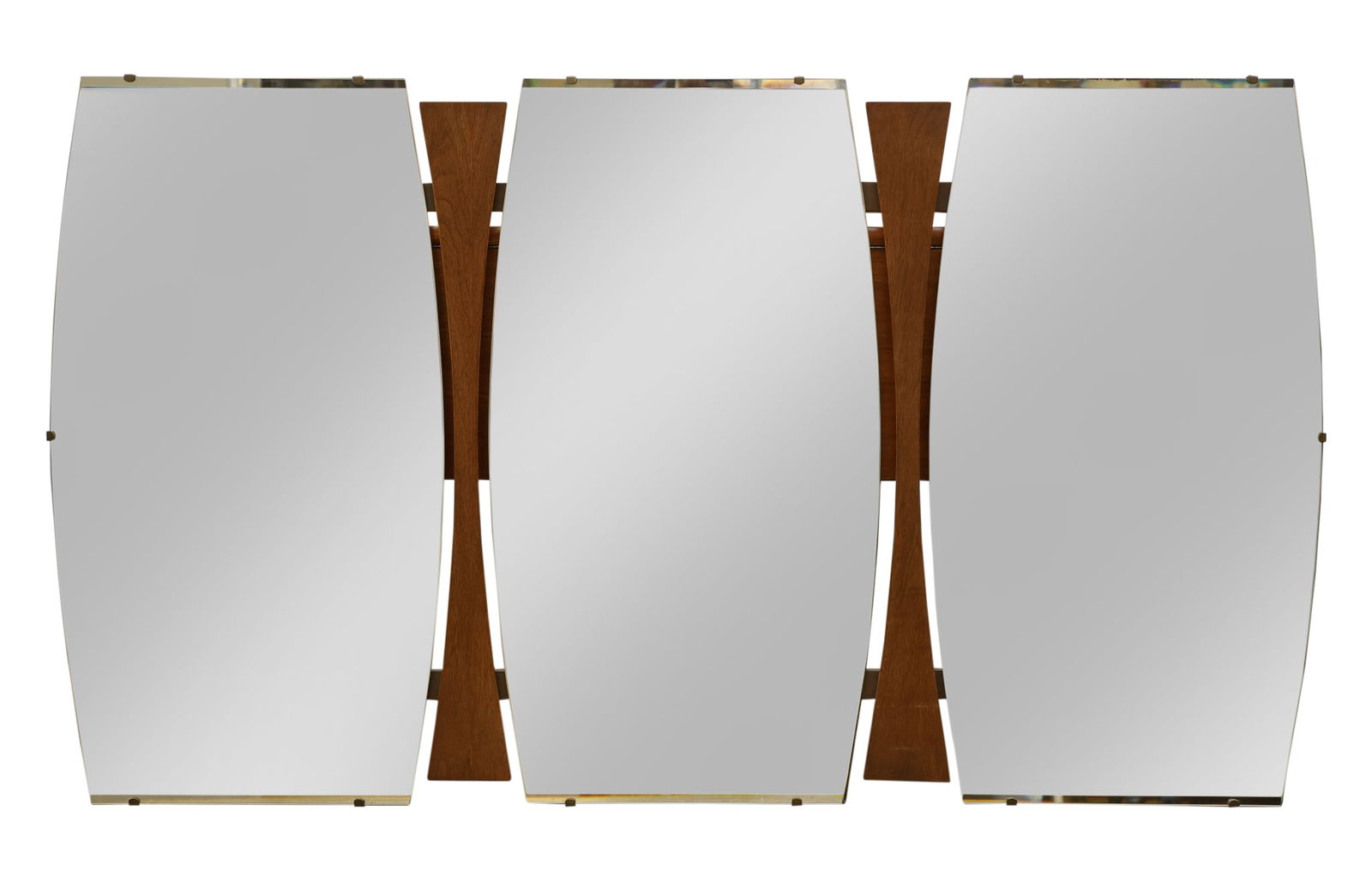 Three Paneled Mirror: Mirror with three oblong panels separated by walnut bowtie strips. 36.5"h x 60"w