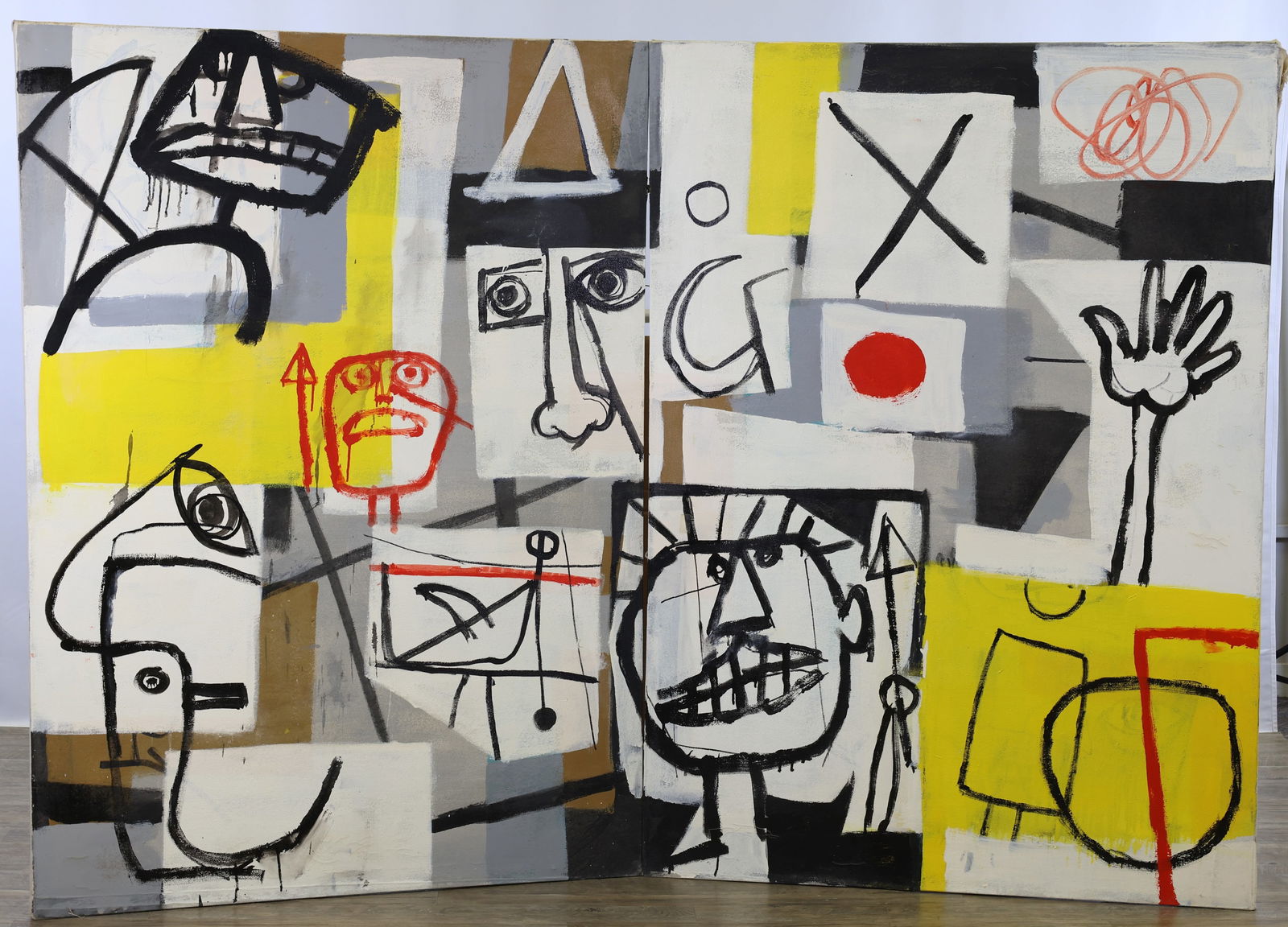 Louis Tavelli (1914 - 2010): Oil on canvas diptych, unsigned. Part of artist's "Paleolithic Paintings on Canvas " series. Faces and shapes painted in collage. Each panel measures....