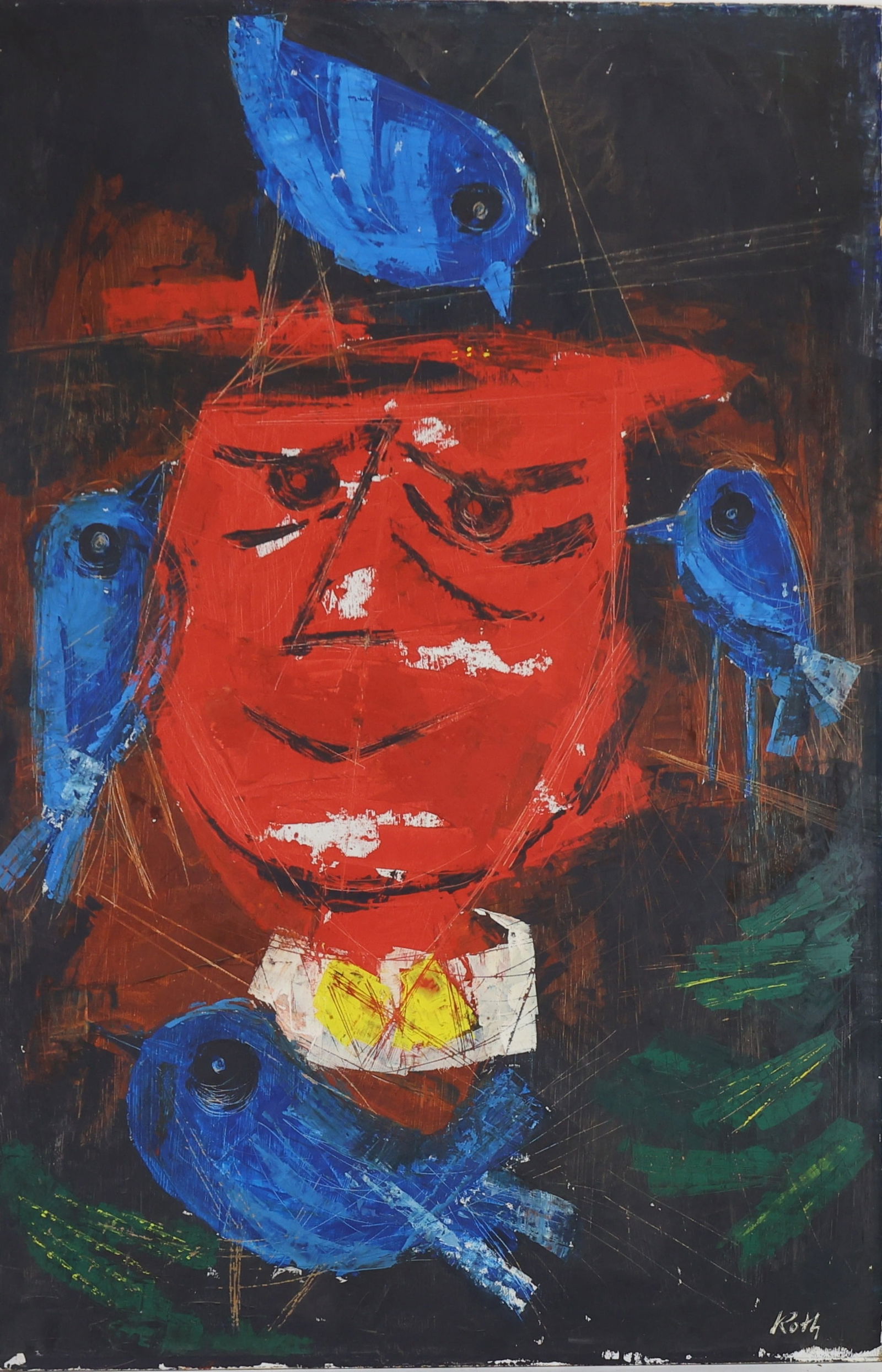 Wolfgang Roth (1910 - 1988): Oil on board, SLR. Four blue birds perched on red figural bust wearing a white collar. 36"h x 24"w overall