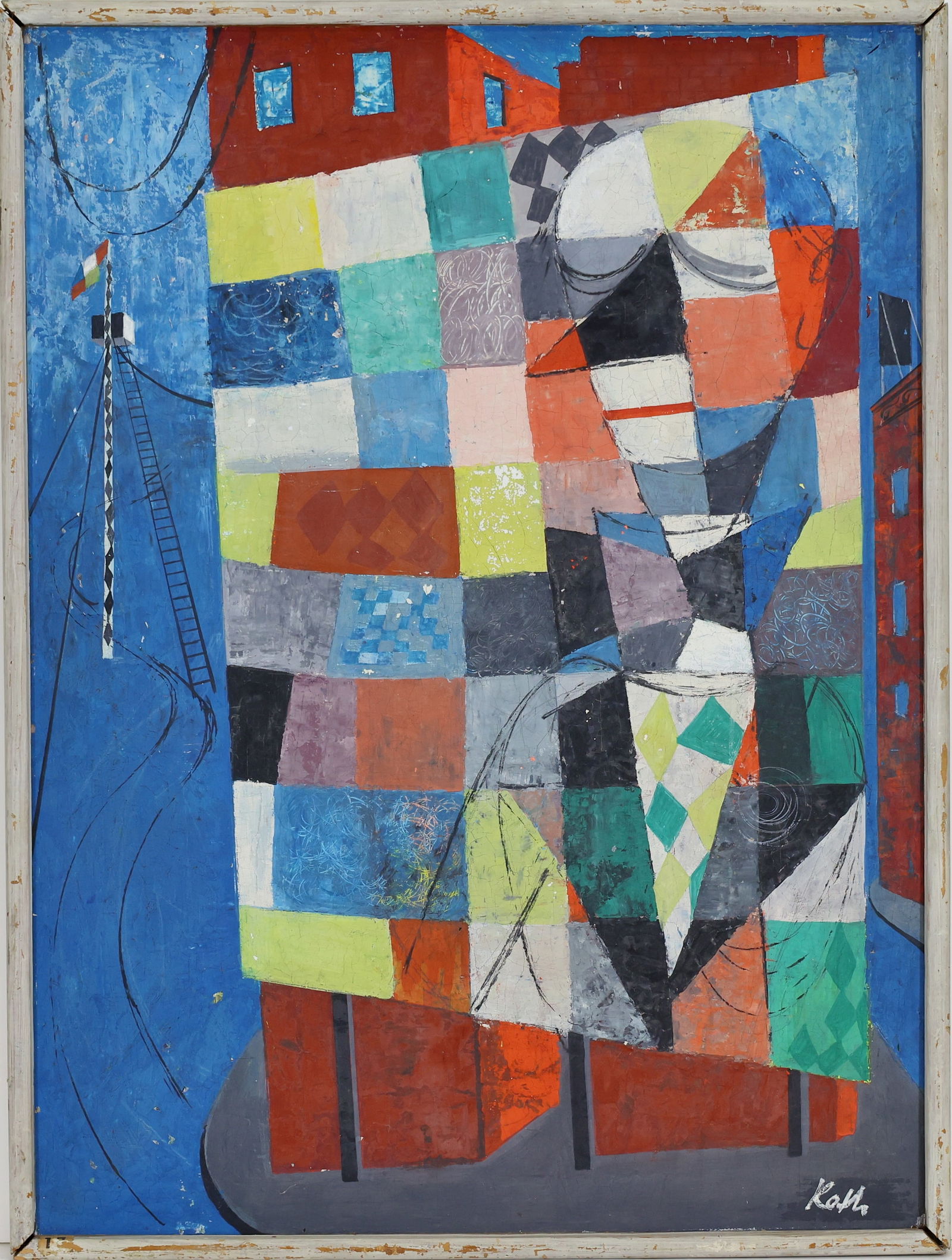 Wolfgang Roth (1910 - 1988): Oil on board, "Billboard", SLR. Figure with overlay of expressive geometric abstracts. 25"h x 18.5"w overall