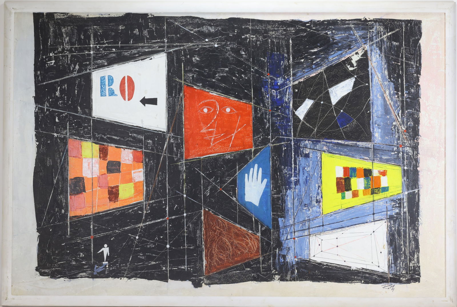 Wolfgang Roth (1910 - 1988): Mixed Media/oil on board, SLR. Geometric color blocks against dark background. 33.5"h x 49.5"w overall