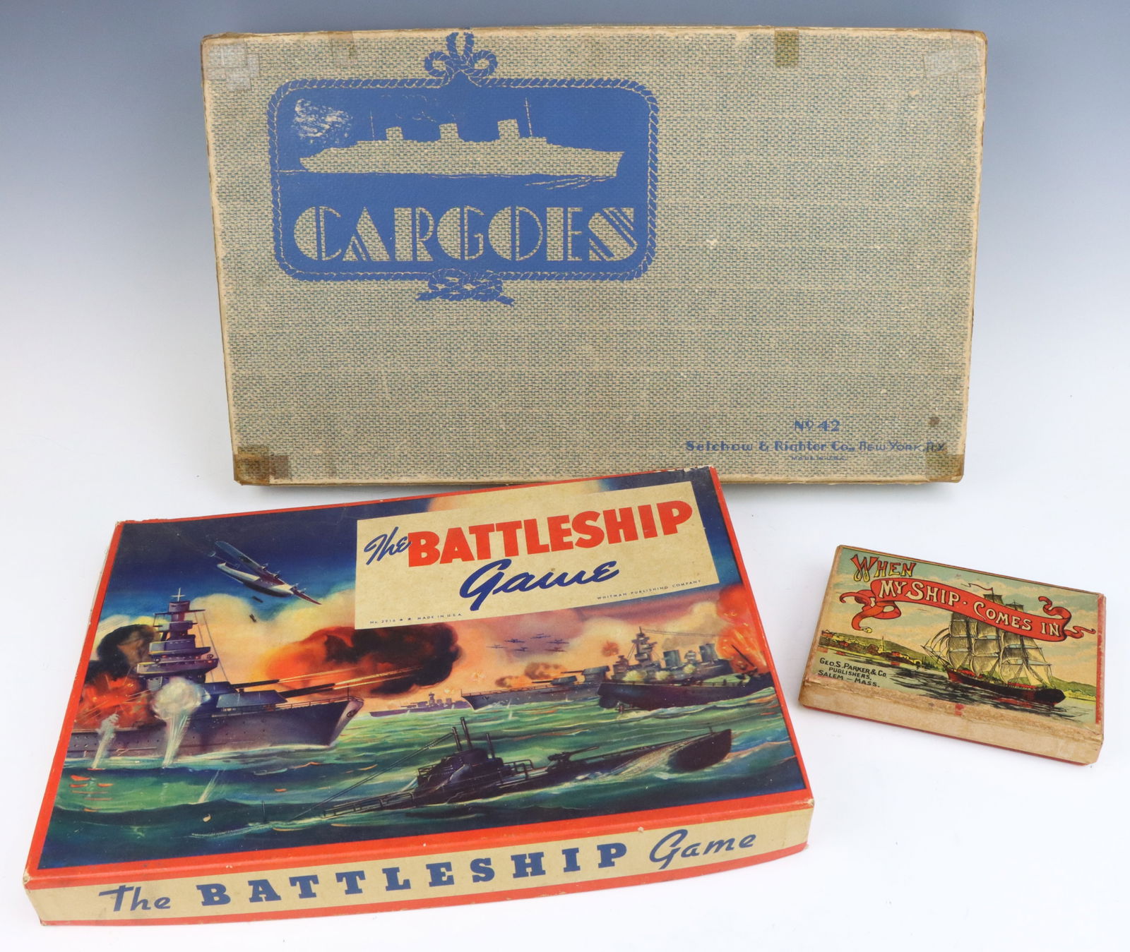 Vintage Board Games: Selchow & Righter Co. Cargoes board game, c. 1935, includes original box, board and pieces. The Battleship Game, Whitman Publishing, c. 1940's, original box and board. Geo. S. Parker & Co. When My Shi
