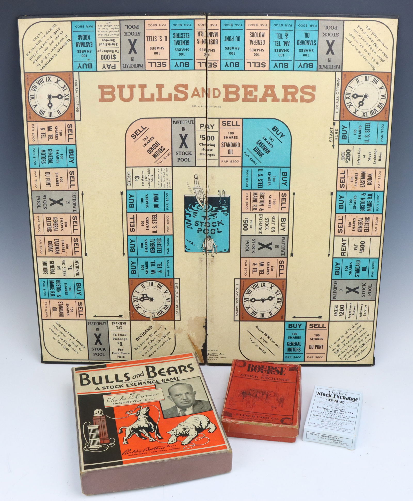 Vintage Stock Exchange-Themed Games: Parker Brothers, Bulls and Bears Stock Exchange game, c. 1936, large game board, game pieces and accessories, board 10” x 20” closed. Flinch Card. Co., Bourse or Stock Exchange card game,