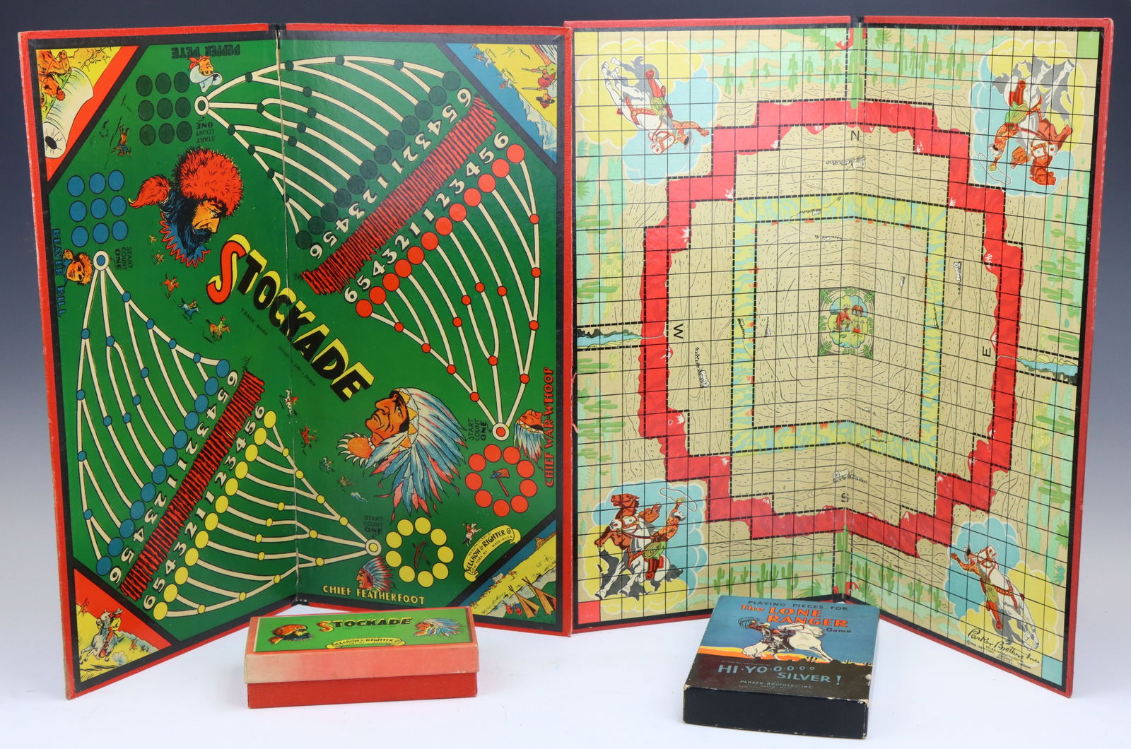Vintage Board Games: Parker Brothers The Lone Ranger game, c. 1938, includes game board, box with game pieces, cards and instructions. Selchow & Righter Co. Stockade game, includes game board and box with game pieces and