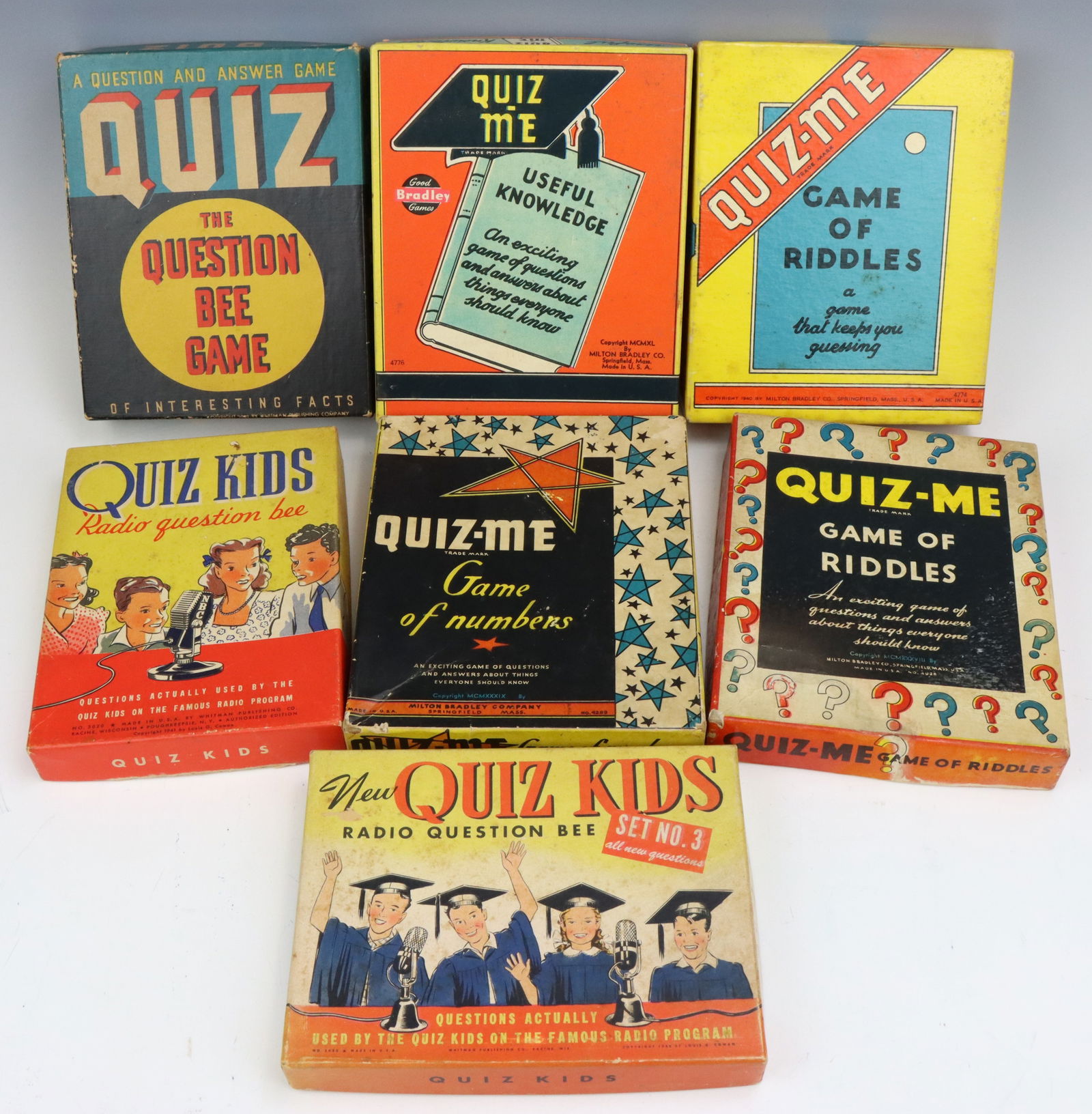 Vintage Quiz Games: Vintage quiz style card game assortment (7), all original boxes, includes manufacturers Milton Bradley and more. Some wear to all from age and play. Largest box 1”h x 5.75”w x 7”d