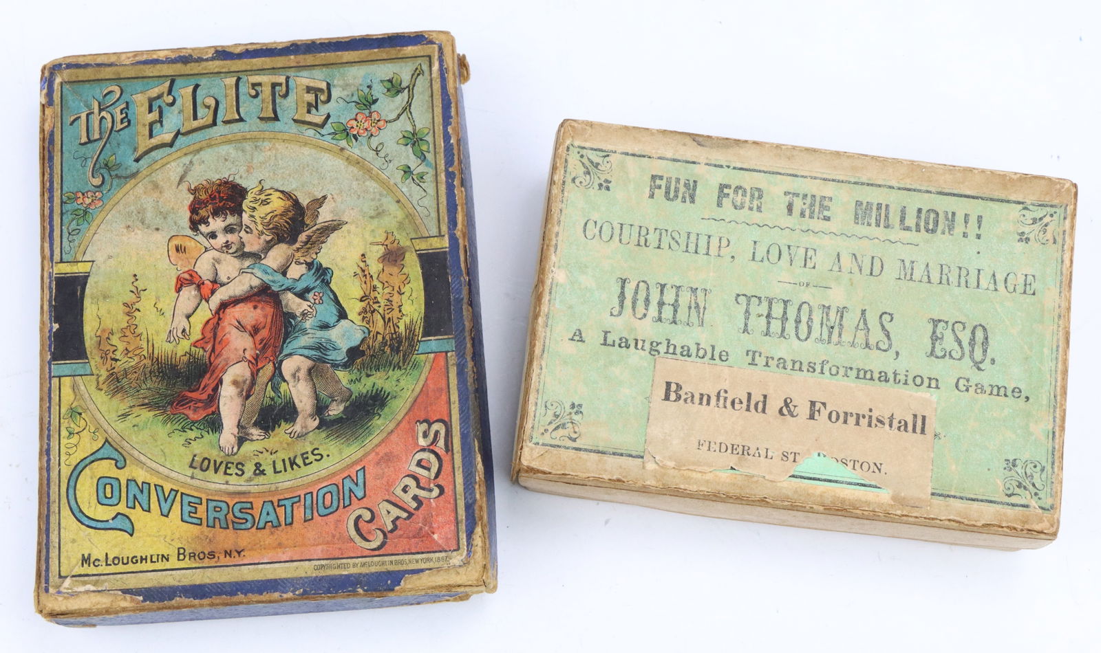 Victorian Card Games: Antique Victorian The Elite Conversation Cards game, McLoughlin Bros., late 1800's, original box and cards. Courtship, Love and Marriage card game, Banfield & Forristal, original box and cards. Wear t