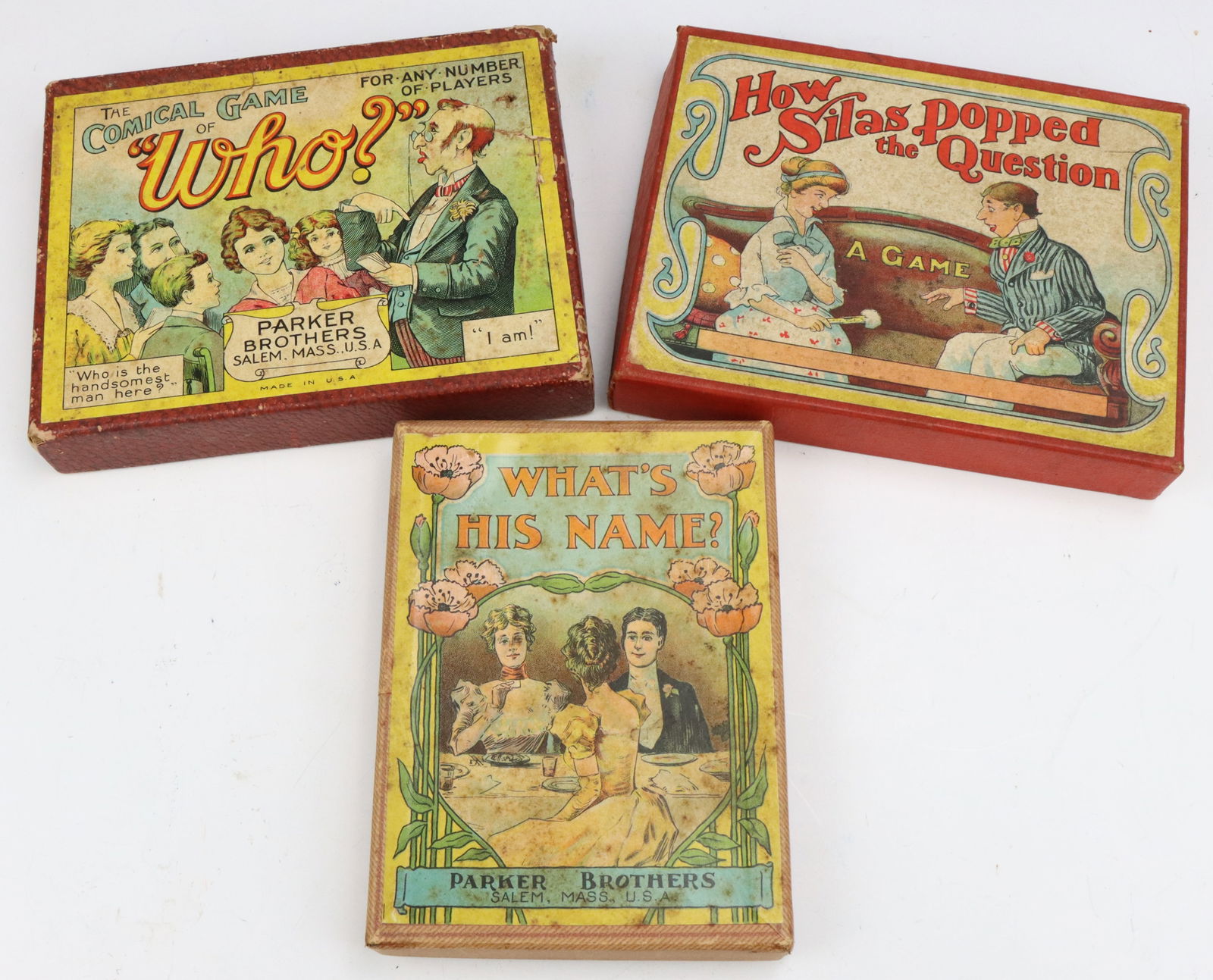 Vintage Games: Parker Brothers Who? game, c. 1899, original box and cards. Parker Brothers What's His Name game, early 20th century, original box. Parker Brothers How Silas Popped the Question?, c. 1915, original bo