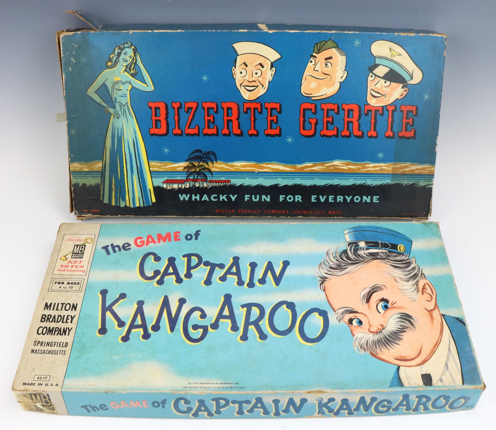 Vintage Milton Bradley Board Games: Milton Bradley, Bizerte Gertie, manufactured during WWII, c. 1943, game centered around servicemen on leave, associated with popular war song titled Dirty Gertie from Bizerte, original box. Milton Bra