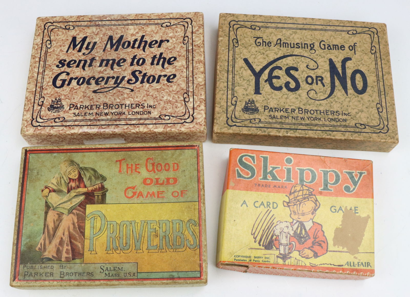 Vintage Games: Assortment of 4 vintage card games including All-Fair Skippy card game, Parker Brothers Yes or No?, My Mother Sent Me to the Grocery Store and Proverbs. All boxes show wear from age and play. 1.25&rdq