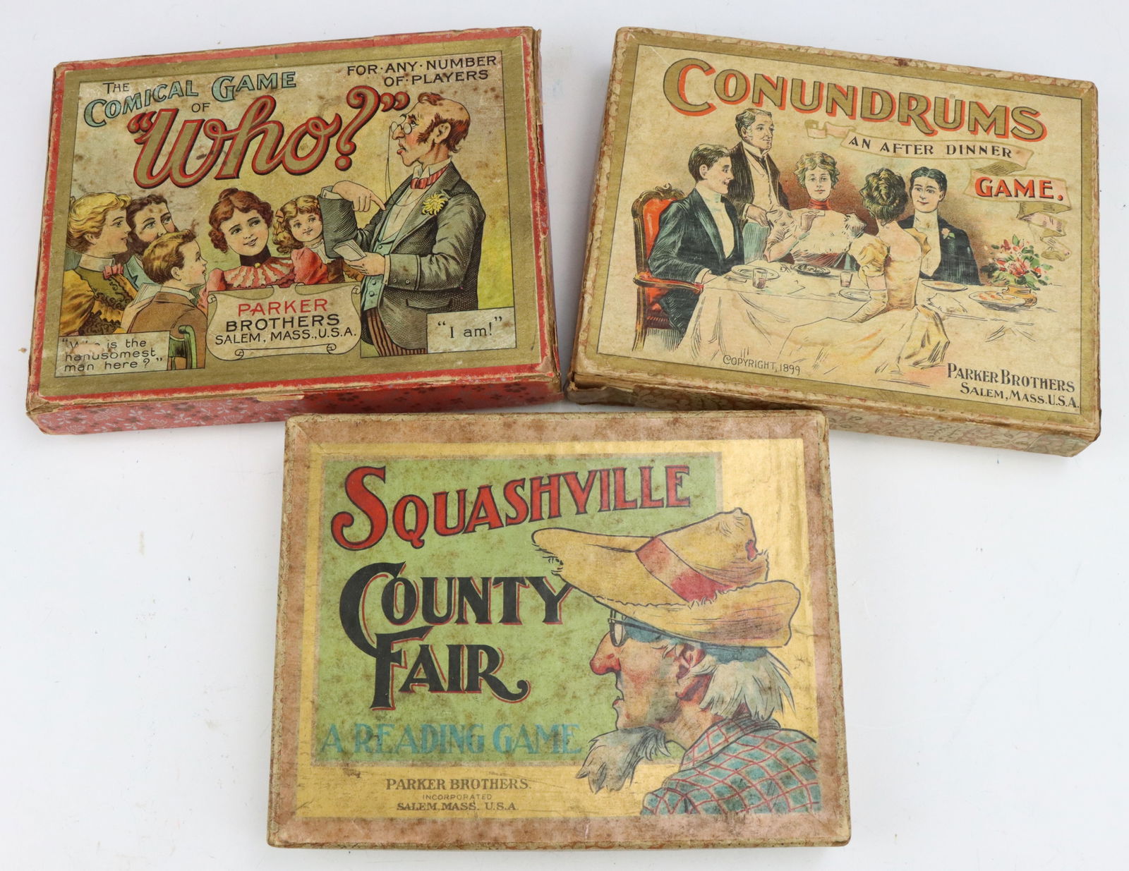 Parker Brothers Games: Parker Brothers antique and vintage games, includes Who?, Squashville County Fair Reading Game (late 1800's), and Conundrums An After Dinner game (1899). All have original boxes and accessories, wear