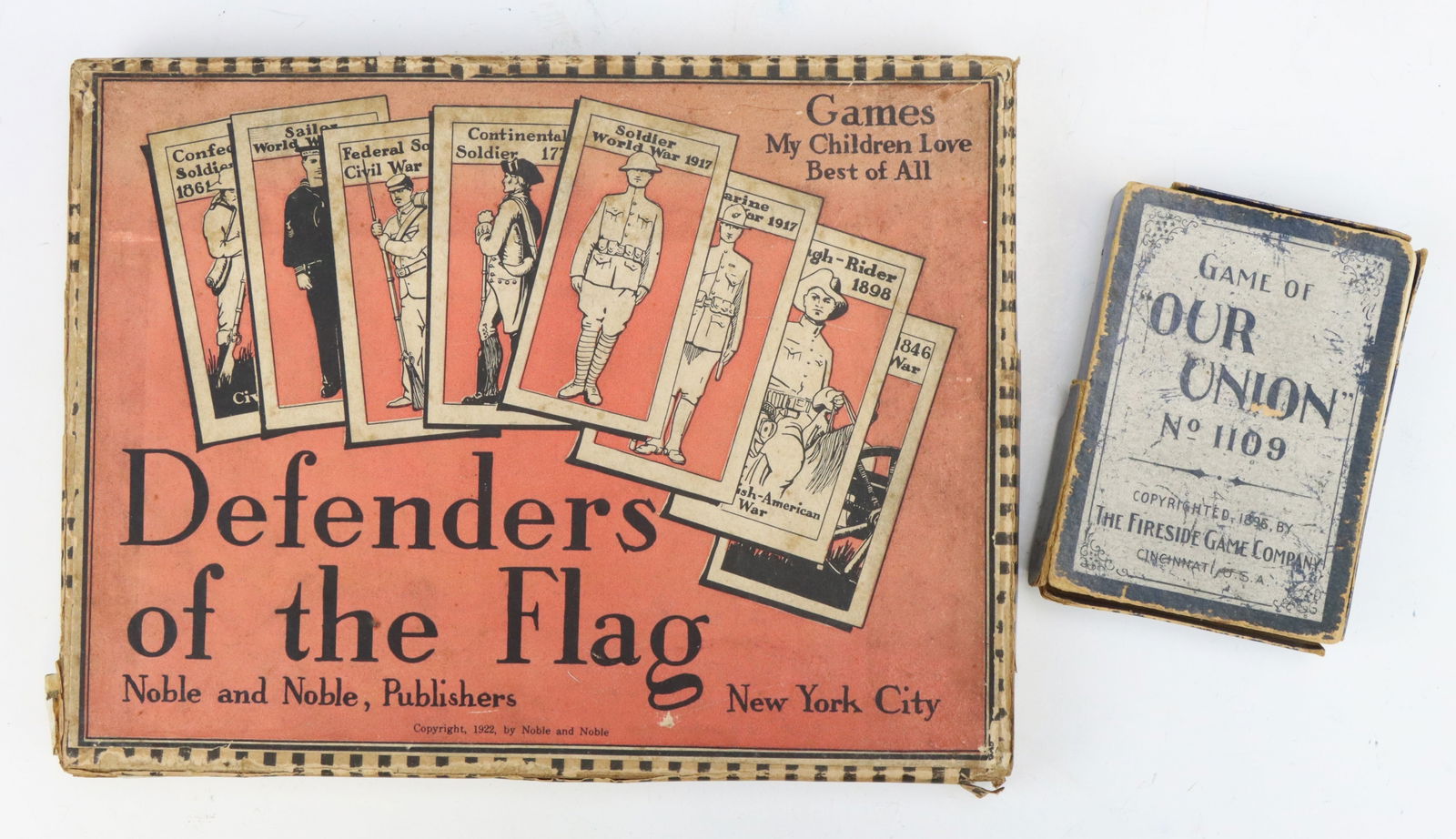 Antique Games: Noble and Noble Defenders of the Flag game, c. 1922, original box and cards, not all game pieces are included. Fireside Game Company Game of Our Union No. 1109 card game, c. 1896, original box and car