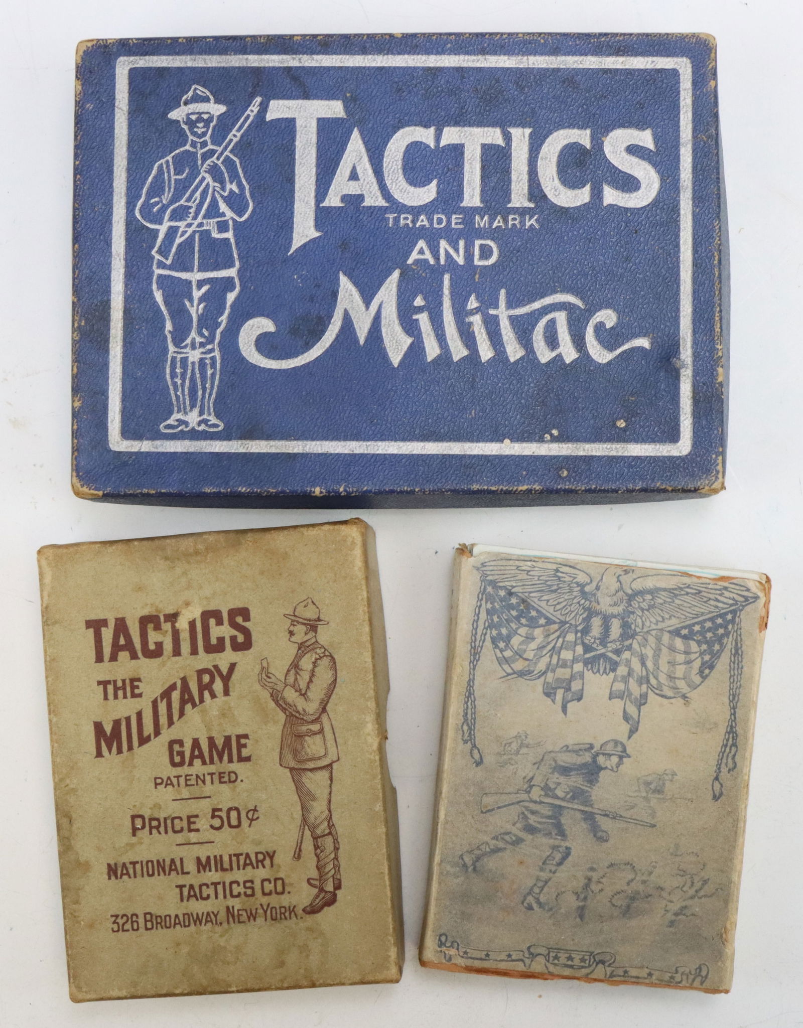 Military-Themed Card Games: Tactics and Militac, Parker Brothers, 1919, original box and cards. Tactics: The Military Game, National Tactics Co., NY, 1910. America in the War educational cards game. Wear from age and play. Large