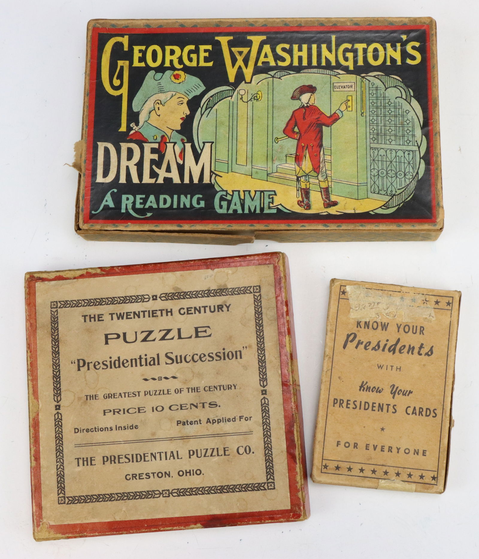 Presidential Educational Games: George Washington's Dream, A Reading Game, late 19th century, original box. Vintage Presidential Succession and Know Your Presidents card and puzzle games, original boxes. Largest box 1”h x 7.5&