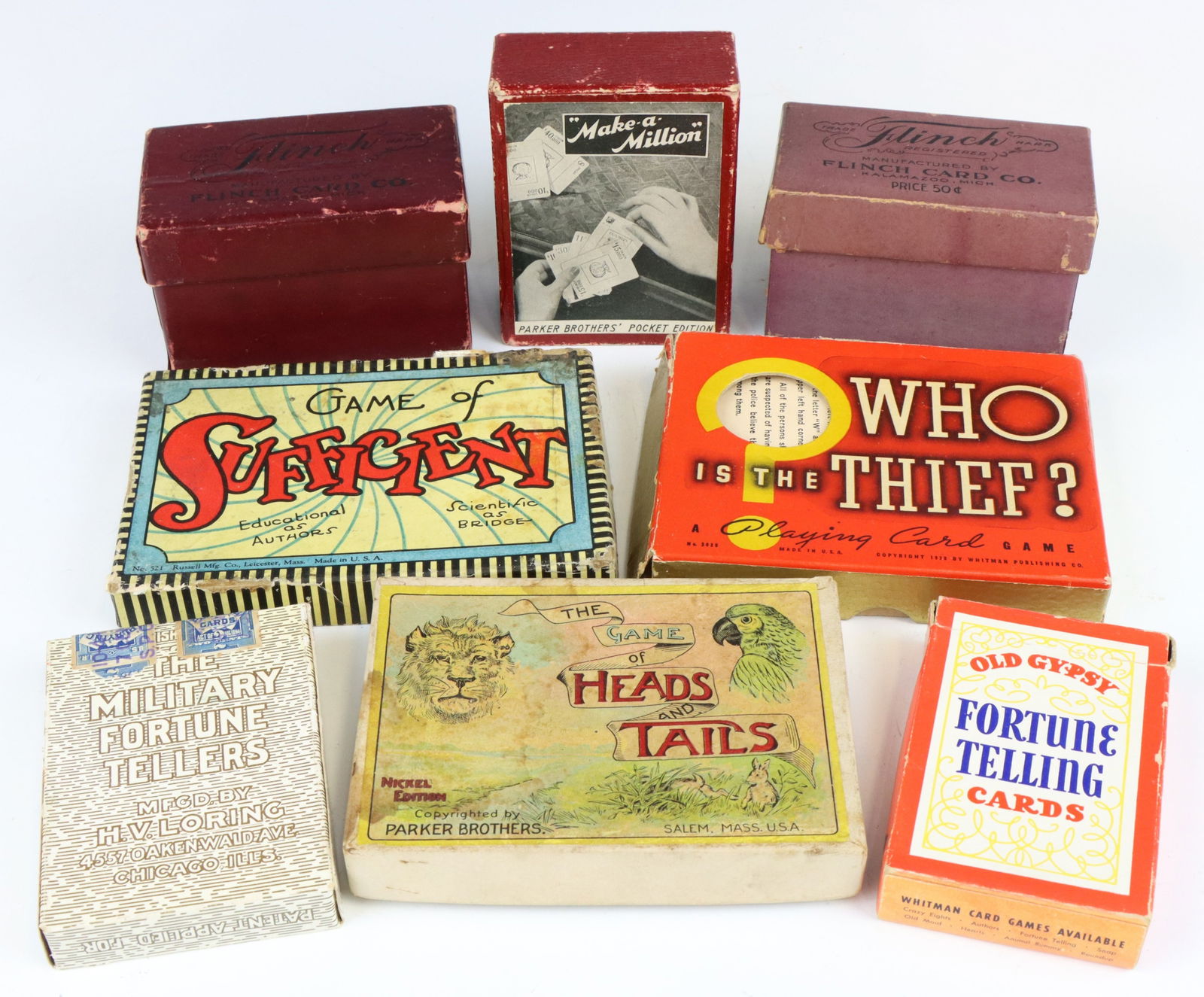 Assorted Vintage Games: Assorted vintage games including Who is the Thief?, educational and fortune telling cards. Boxes has wear from age and play. Sufficient box 0.75”h x 5.25”w x 3.75”d